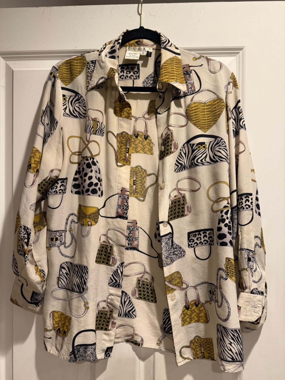 Vintage-Inspired Cream Button-Down Shirt with Yellow & Black Pattern